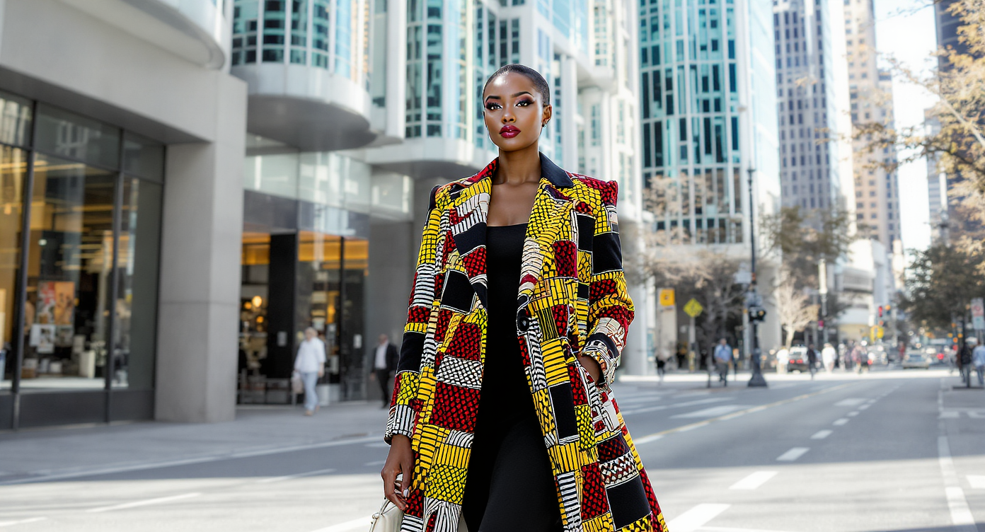 Manteau femme en tissus africains avec motifs colorés et élégants
