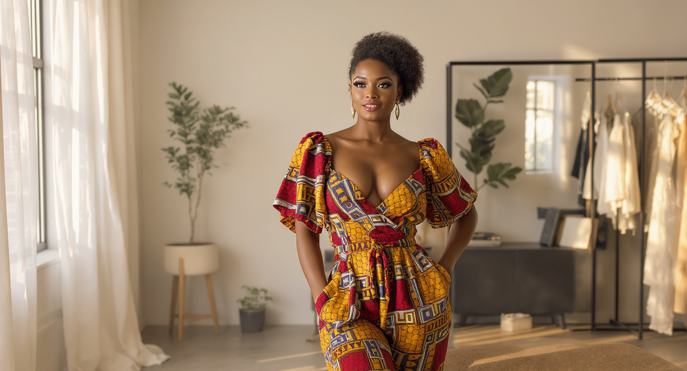 Combinaison femme en tissus africains colorés et élégants chez Maison Beaurepaire