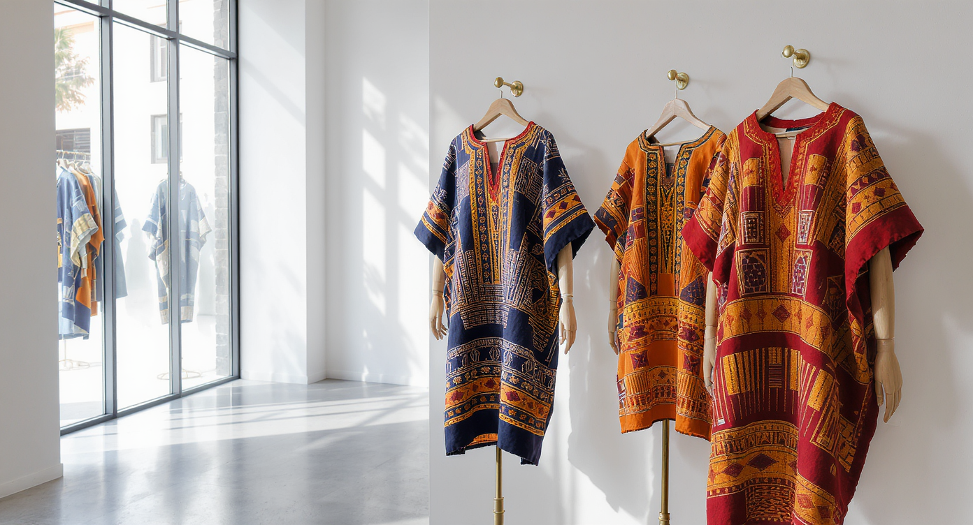 Tunique femme en tissus africains présentée dans un cadre élégant