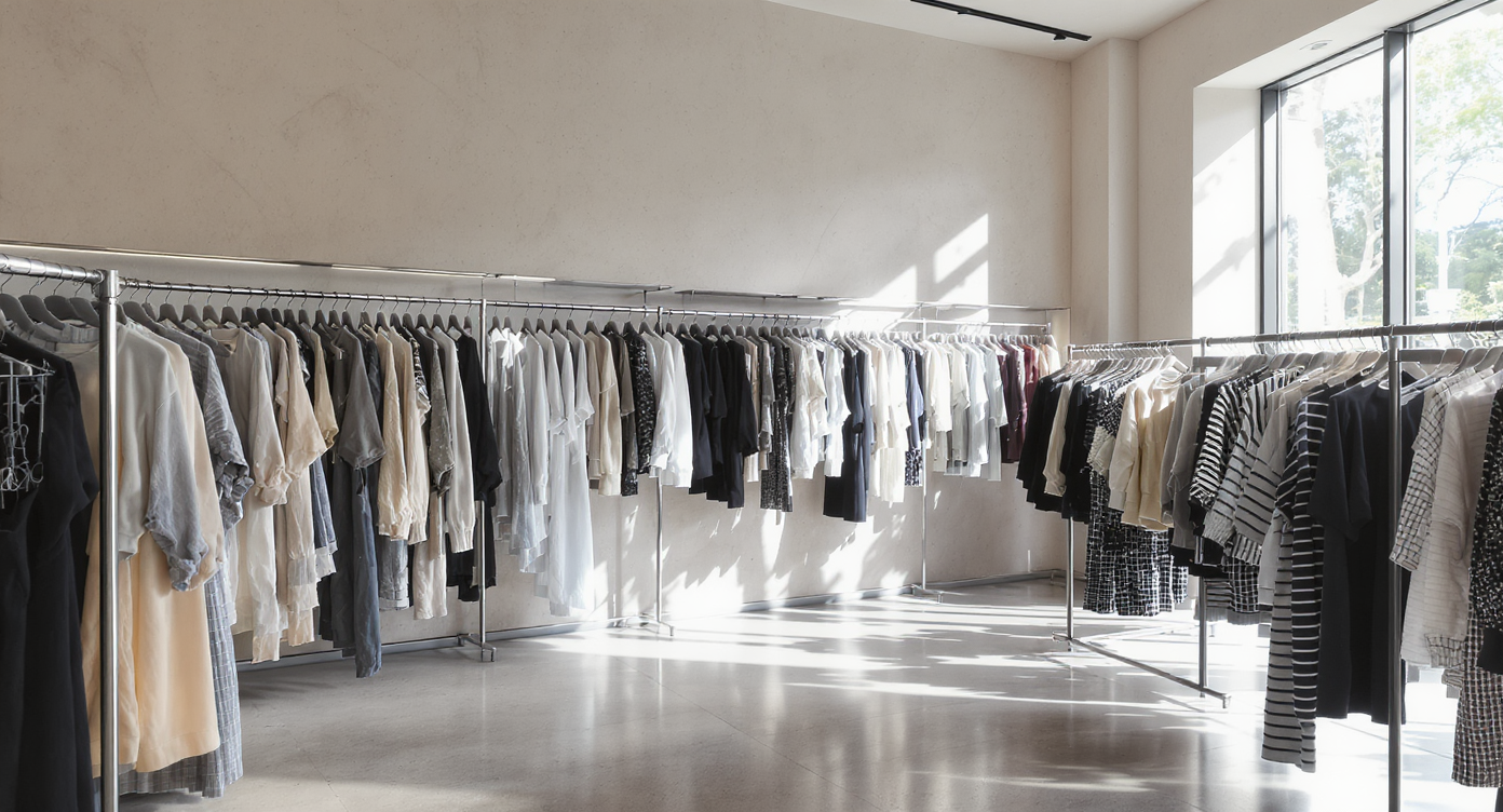 Vêtements taille L et XL affichés dans une boutique de mode