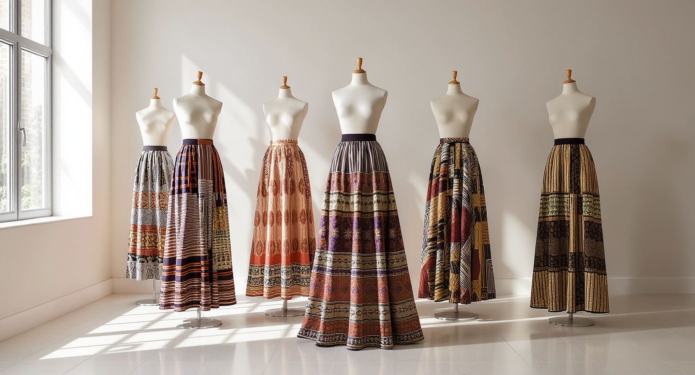 Jupe longue en wax et tissu fluide pour femme élégante