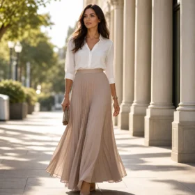 Femme portant une jupe longue élégante pour allonger la silhouette