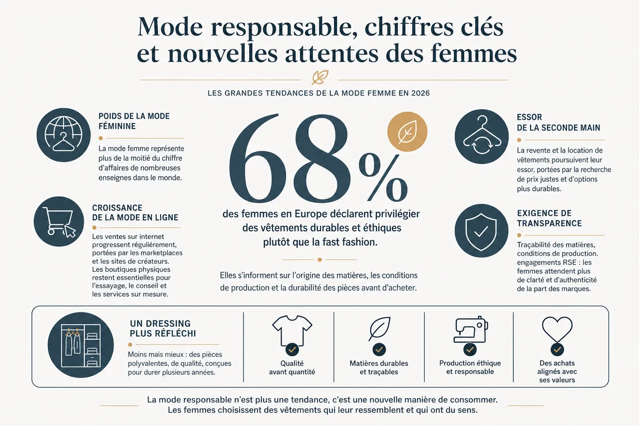 Guide des indispensables mode pour femme en 2026 , Mode responsable, chiffres clés et nouvelles attentes des femmes