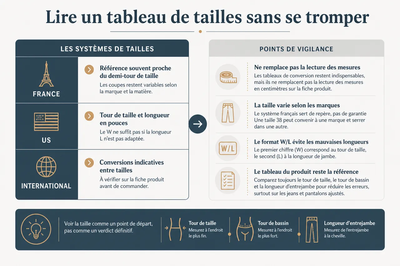 Taille de pantalon femme: comment mesurer et éviter les erreurs d’achat , Lire un tableau de tailles sans se tromper