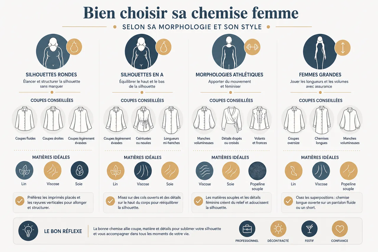 Chemise pour femme: 5 coupes et matières tendance en 2026 , Bien choisir sa chemise femme selon sa morphologie et son style