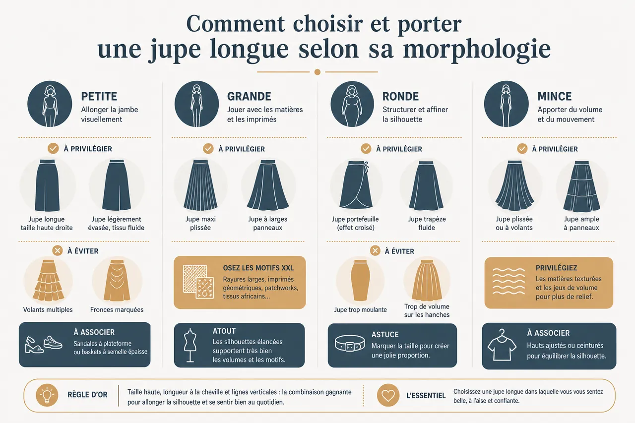 Jupes longues pour femme: astuces pour allonger la silhouette sans effort , Comment choisir et porter une jupe longue selon sa morphologie
