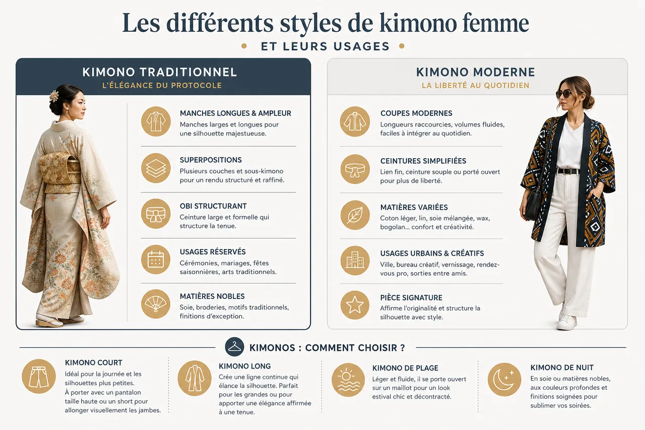 Kimono pour femme: comment le porter en ville sans effet déguisement? , Les différents styles de kimono femme et leurs usages