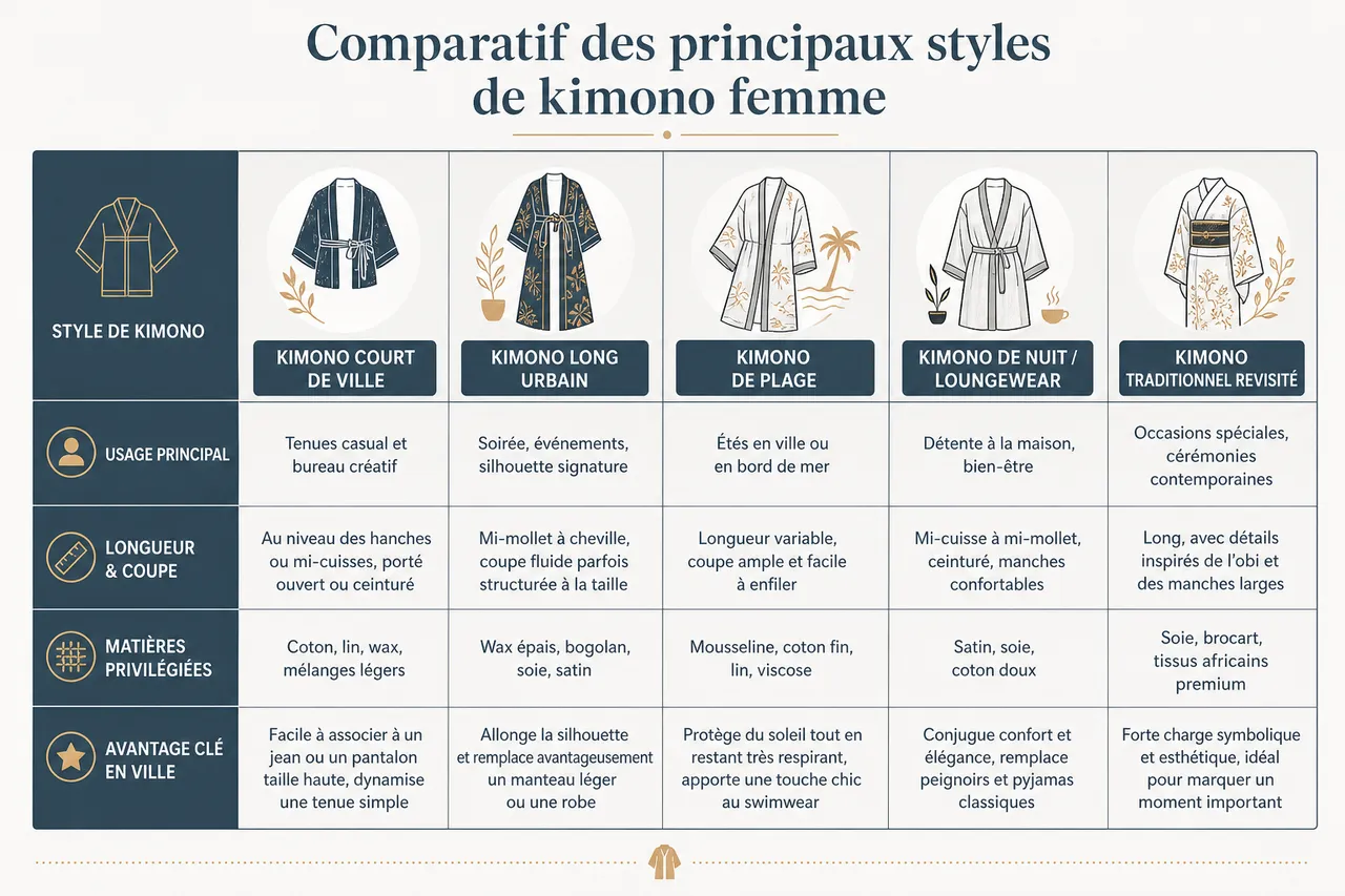 Kimono pour femme: comment le porter en ville sans effet déguisement? , Comparatif des principaux styles de kimono femme
