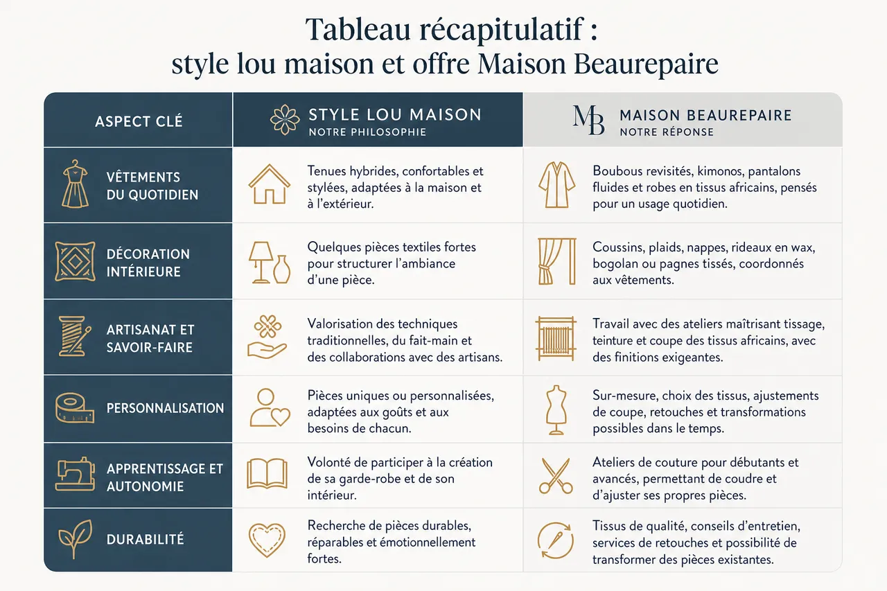 Créer une garde-robe maison confortable et stylée sans compromis , Tableau récapitulatif: style lou maison et offre Maison Beaurepaire