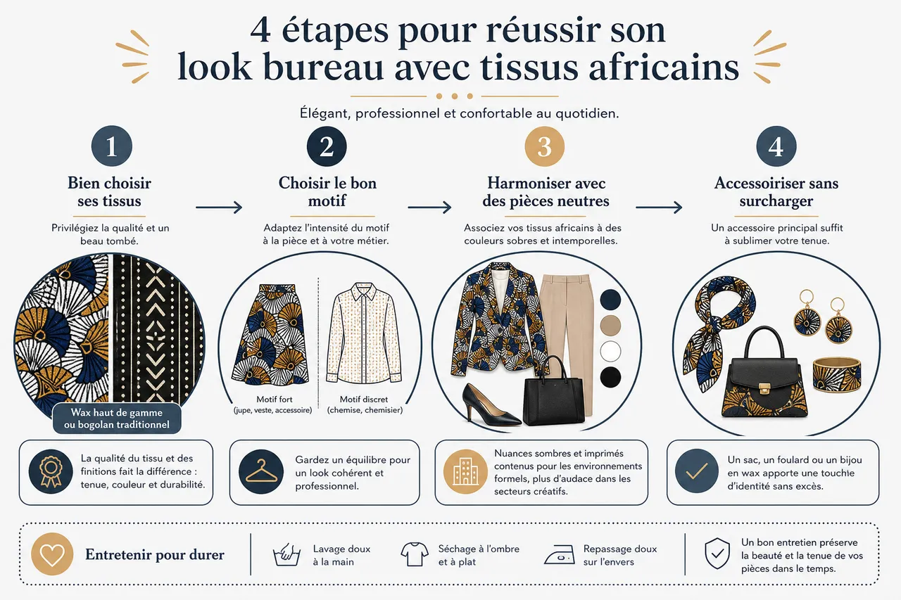 Looks de bureau avec tissus africains: comment créer des tenues élégantes en ville? , Conseils pratiques: comment réussir son look de bureau avec des tissus africains?