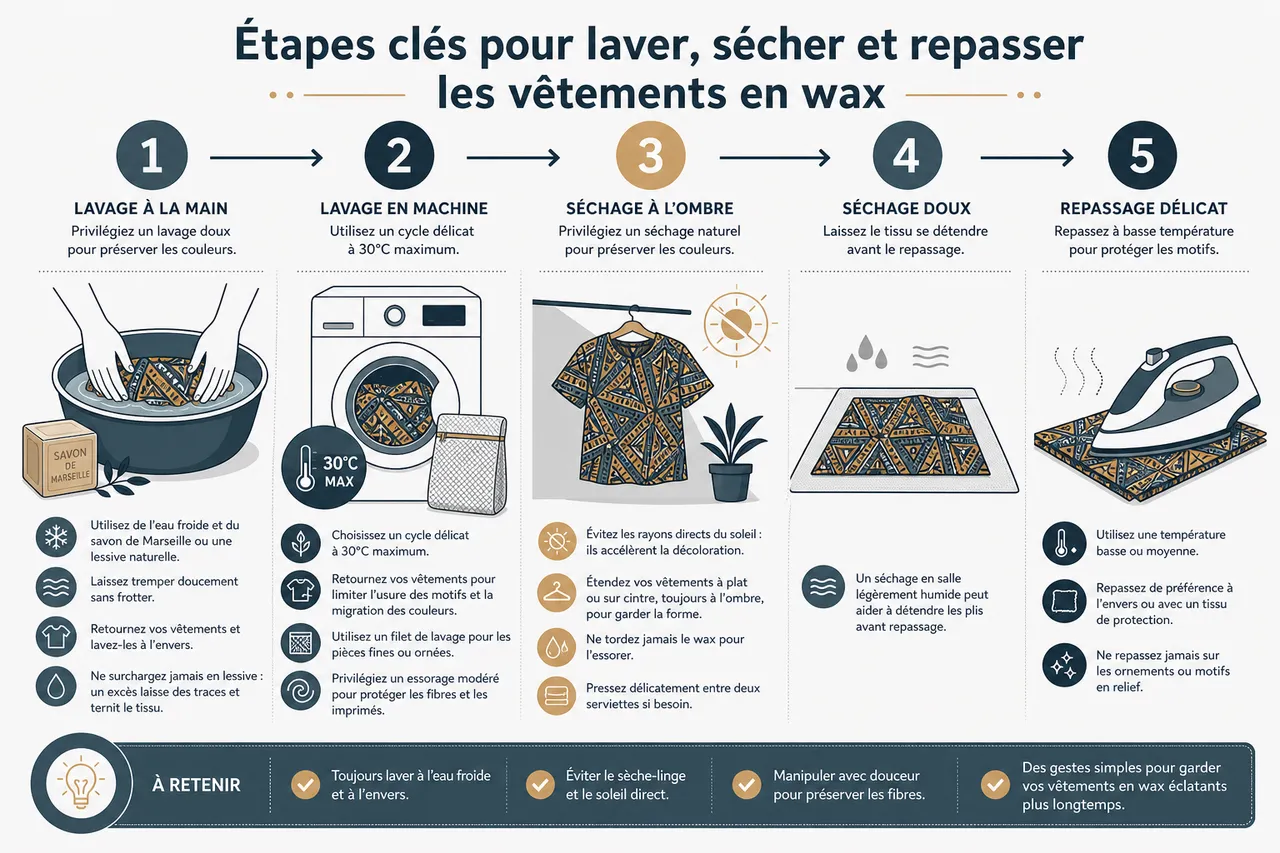 Entretenir ses vêtements en wax: conseils pour préserver leurs couleurs en 2026 , Étapes clés pour laver, sécher et repasser les vêtements en wax