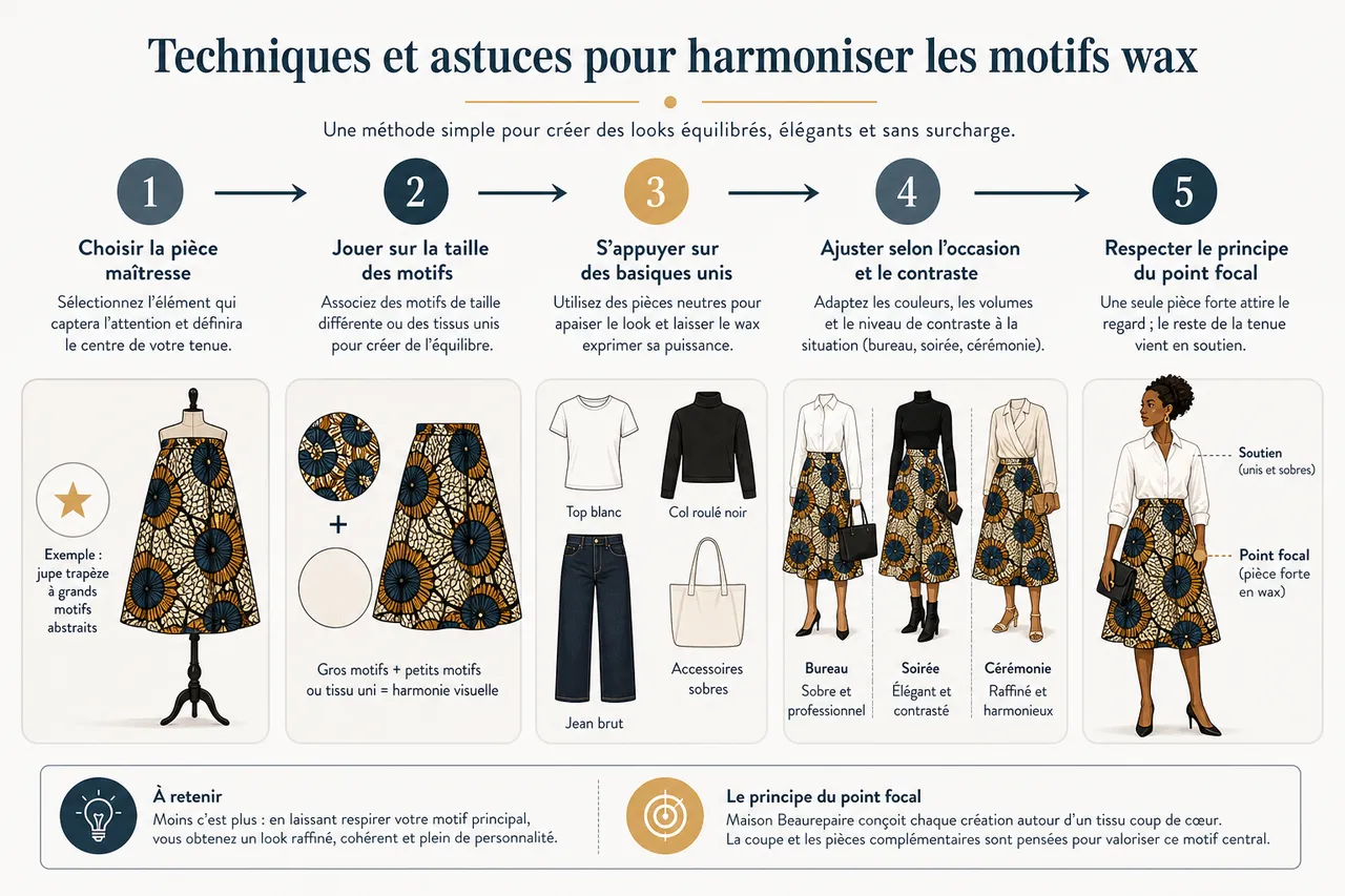 Assortir les motifs wax: conseils pour éviter la surcharge et l’effet clown , Techniques et astuces pour harmoniser les motifs wax