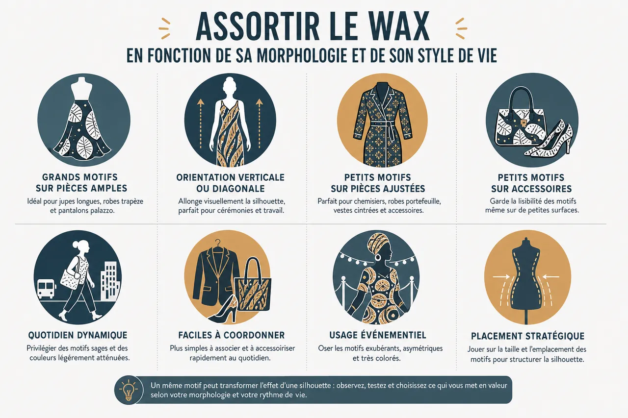 Assortir les motifs wax: conseils pour éviter la surcharge et l’effet clown , Assortir le wax en fonction de sa morphologie et de son style de vie