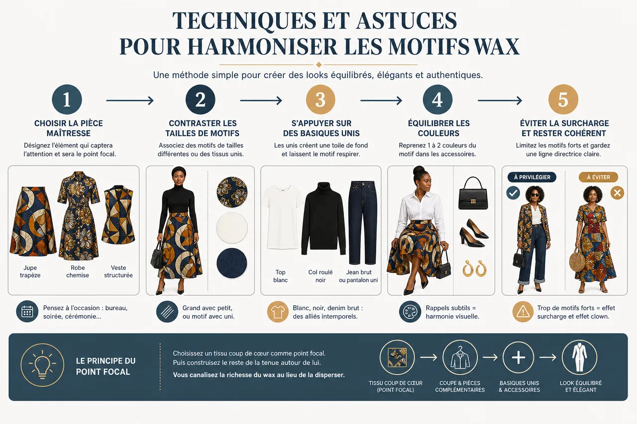Assortir les motifs wax: conseils pour éviter la surcharge et l’effet clown , Techniques et astuces pour harmoniser les motifs wax