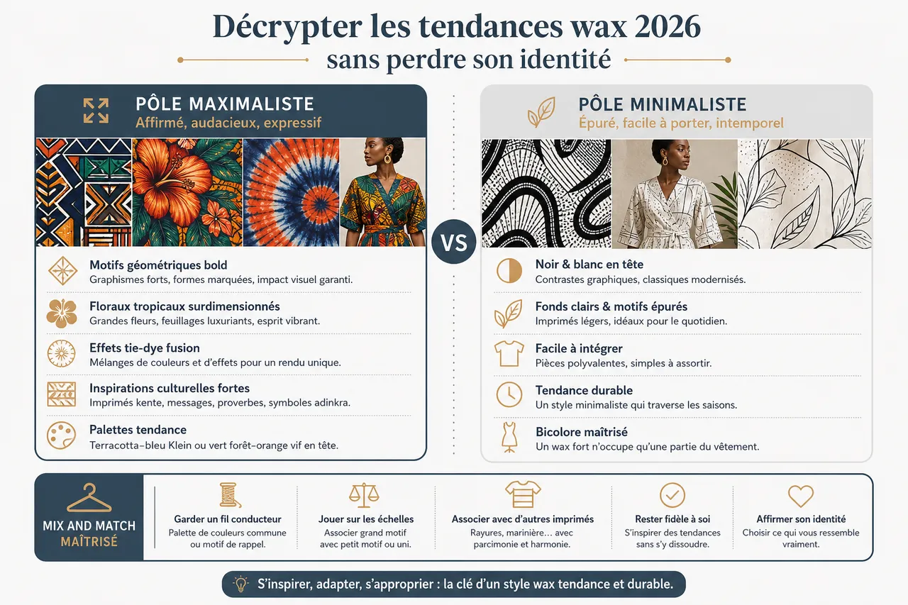 Assortir les motifs wax: conseils pour éviter la surcharge et l’effet clown , Décrypter les tendances wax 2026 sans perdre son identité