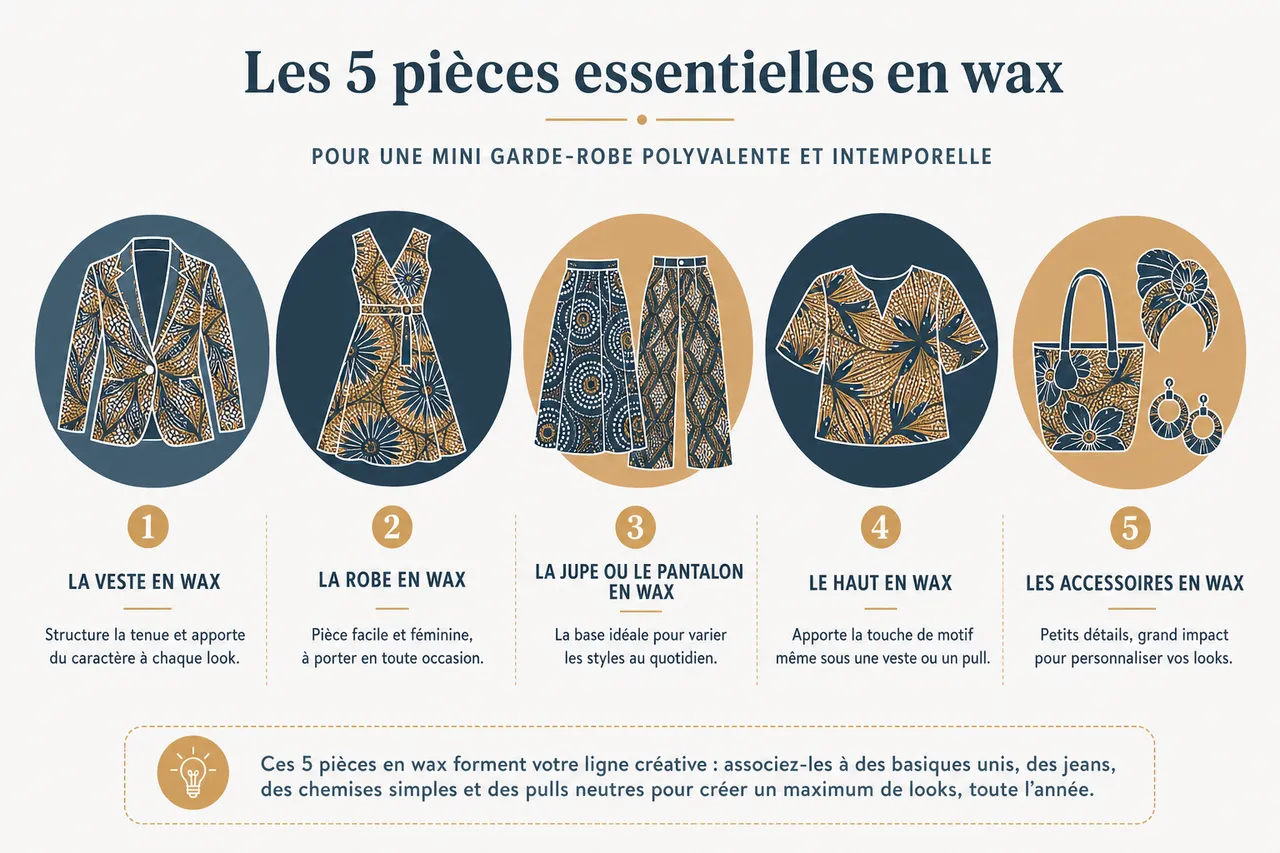 Mini garde-robe en wax: 5 pièces pour créer un maximum de looks , Quelles sont les 5 pièces essentielles en wax pour une mini garde-robe?