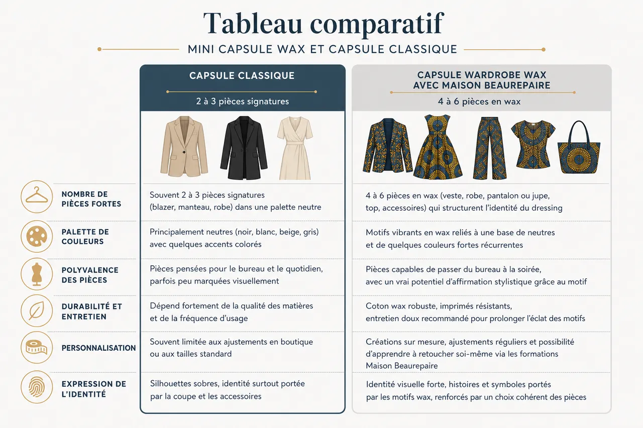 Mini garde-robe en wax: 5 pièces pour créer un maximum de looks , Tableau comparatif: mini capsule wax et capsule classique