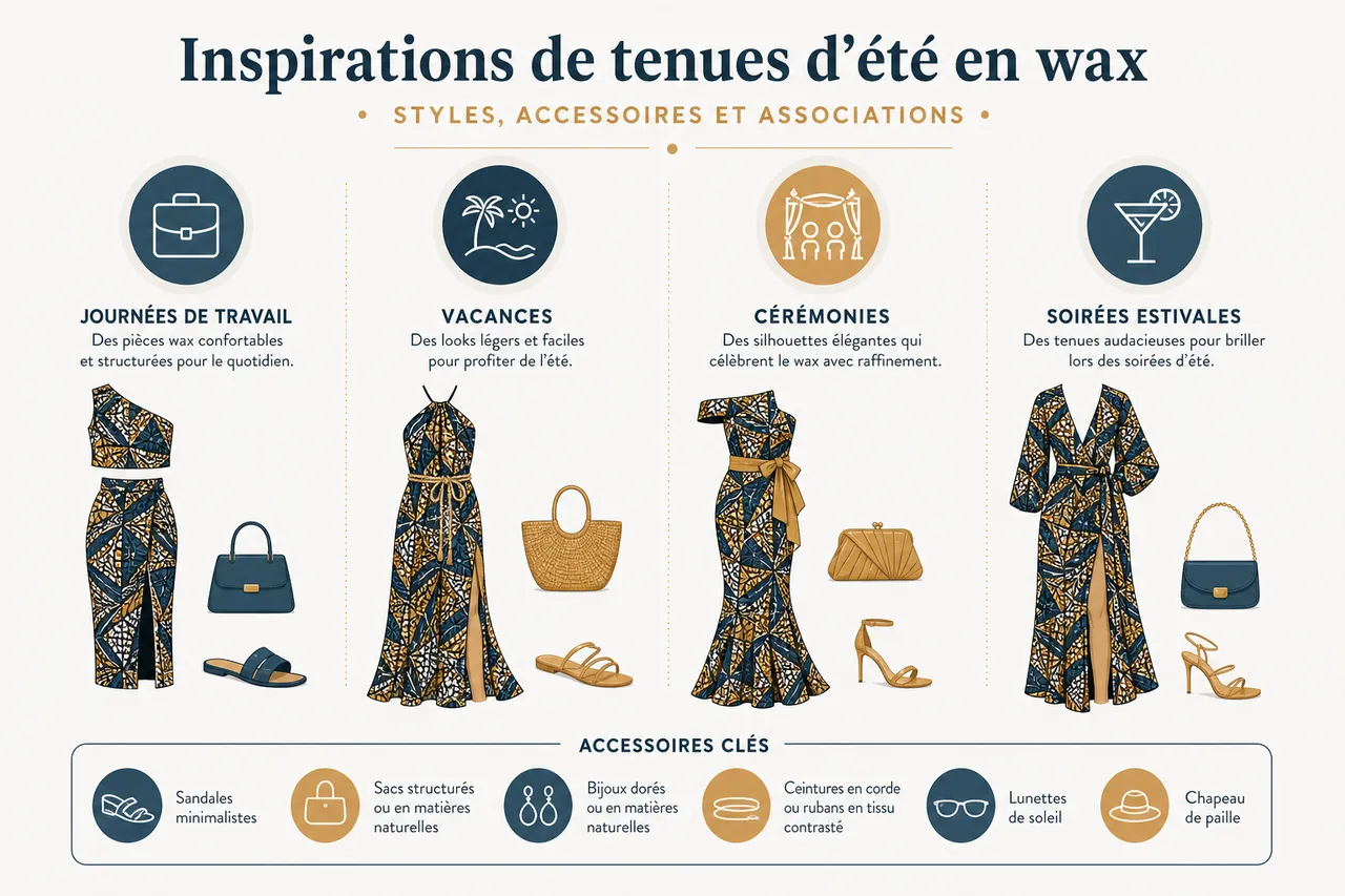 Tenues d’été en wax: comment rester légère tout en mettant en valeur le motif? , Inspirations de tenues d’été en wax: styles, accessoires et associations