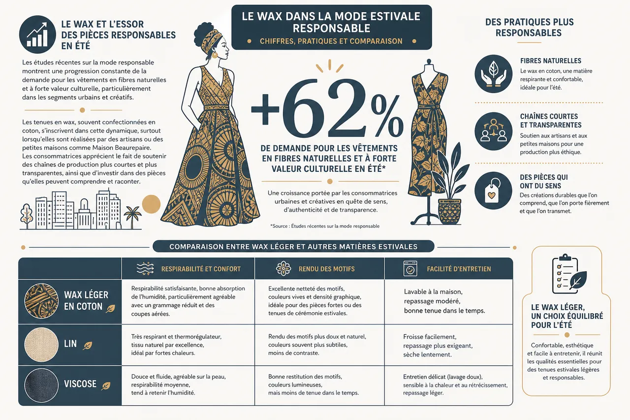 Tenues d’été en wax: comment rester légère tout en mettant en valeur le motif? , Le wax dans la mode estivale responsable: chiffres, pratiques et comparaison