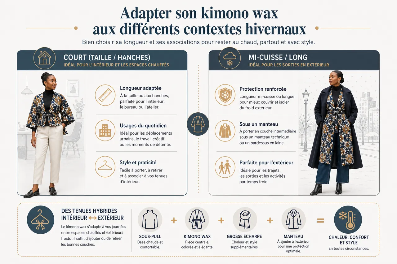 Porter un kimono en wax en hiver: conseils pour rester chaud et stylée , Adapter son kimono wax aux différents contextes hivernaux