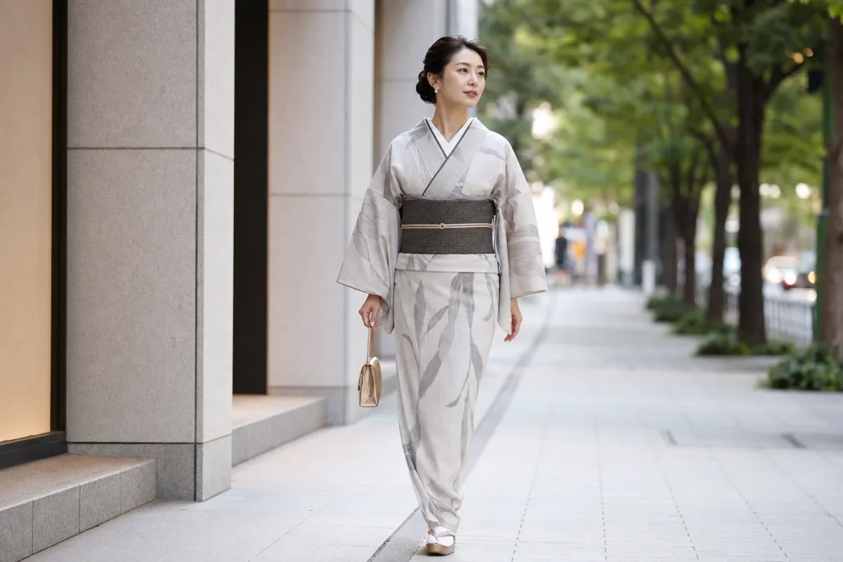 Kimono féminin élégant porté en ville sans effet déguisement