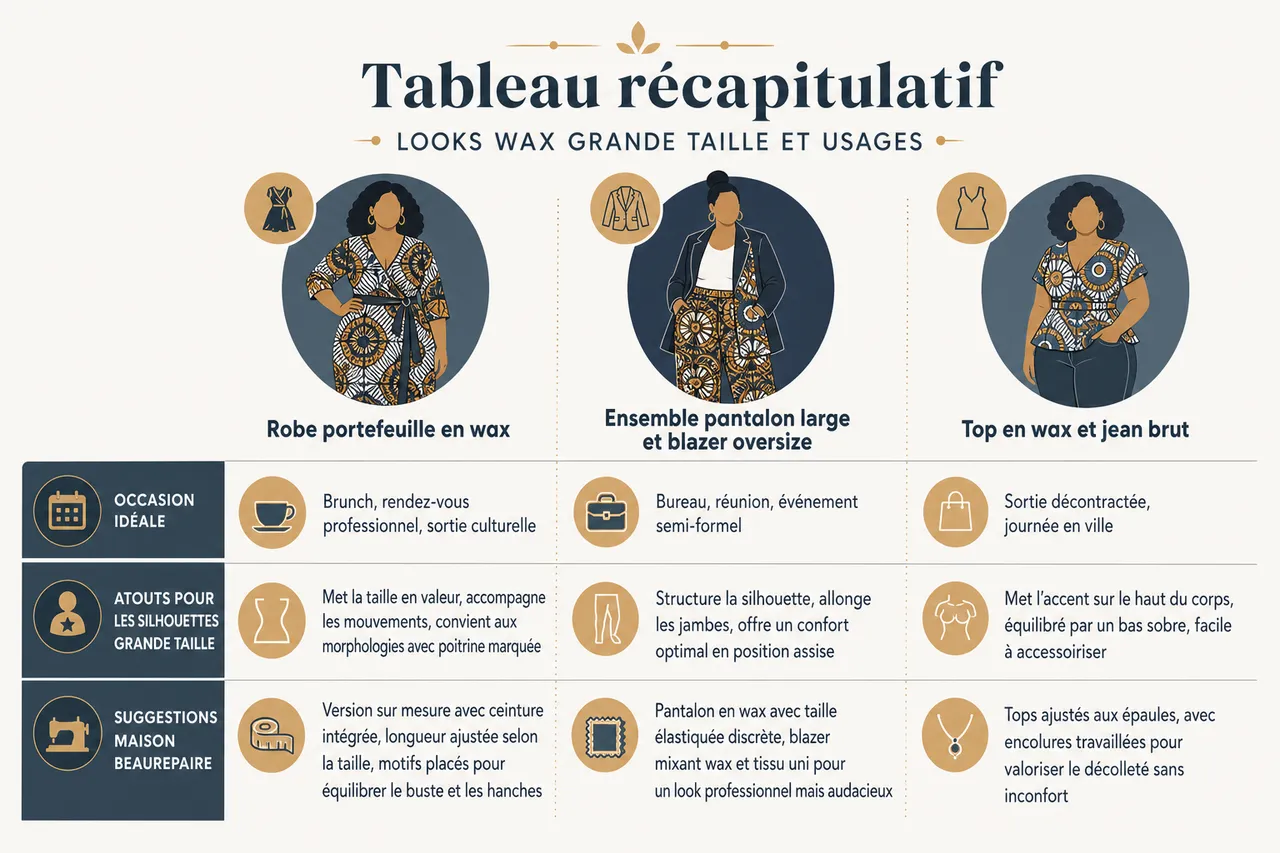 Idées de looks en wax pour femmes grande taille: sortir des codes classiques , Tableau récapitulatif: looks wax grande taille et usages