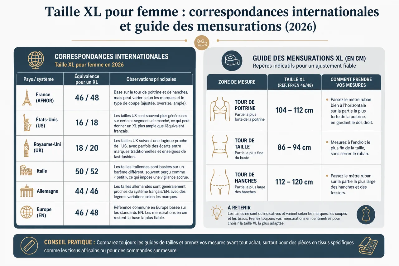 Comprendre la taille XL pour femme: guide des mensurations en 2026 , Correspondances internationales et guide des mensurations pour la taille XL