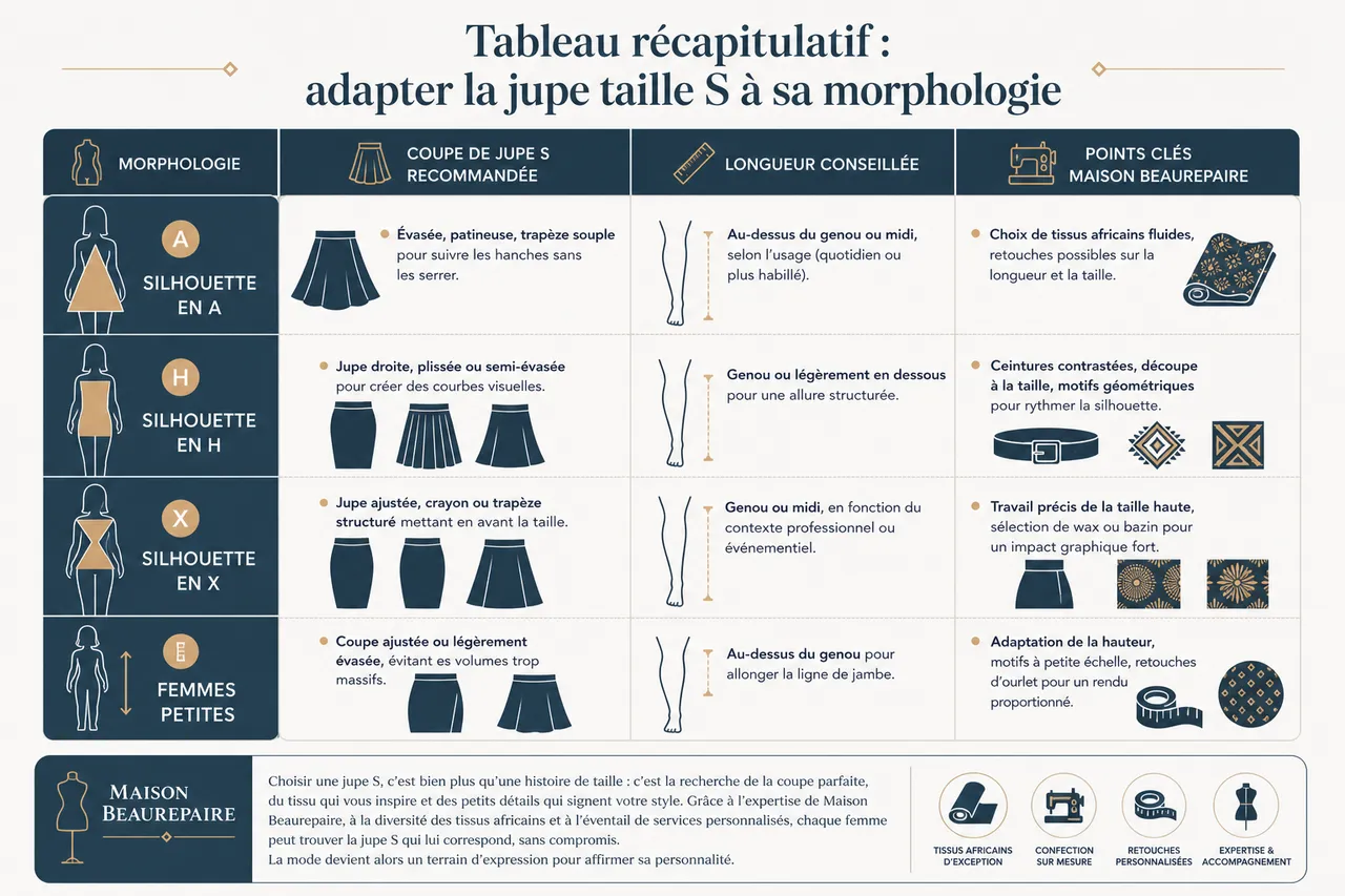 Jupe taille S: comment l’adapter à différentes morphologies féminines , Tableau récapitulatif: adapter la jupe taille S à sa morphologie