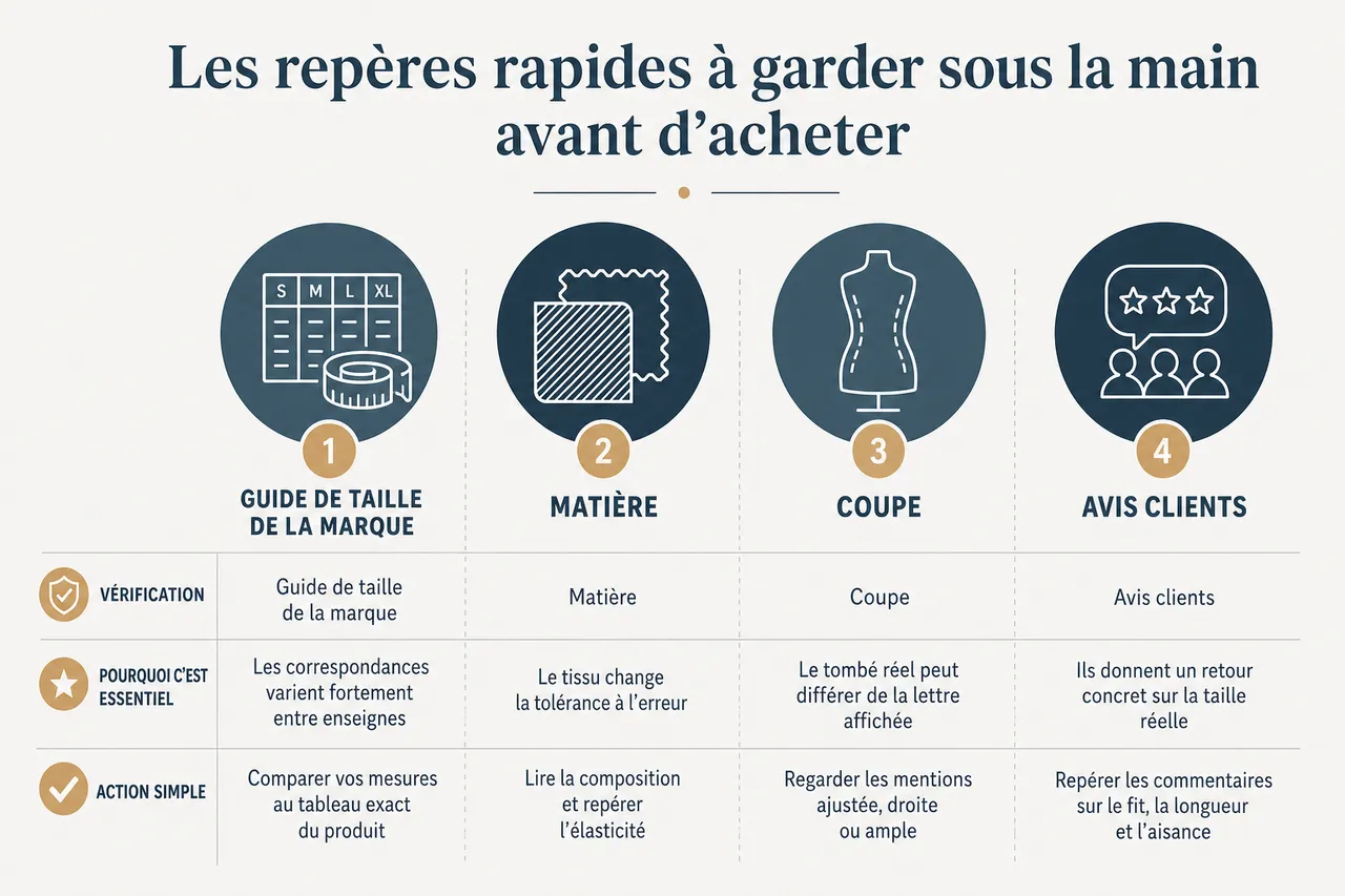 Guide des tailles femme: décrypter du S au XL sans erreur en 2026 , Les repères rapides à garder sous la main avant d’acheter