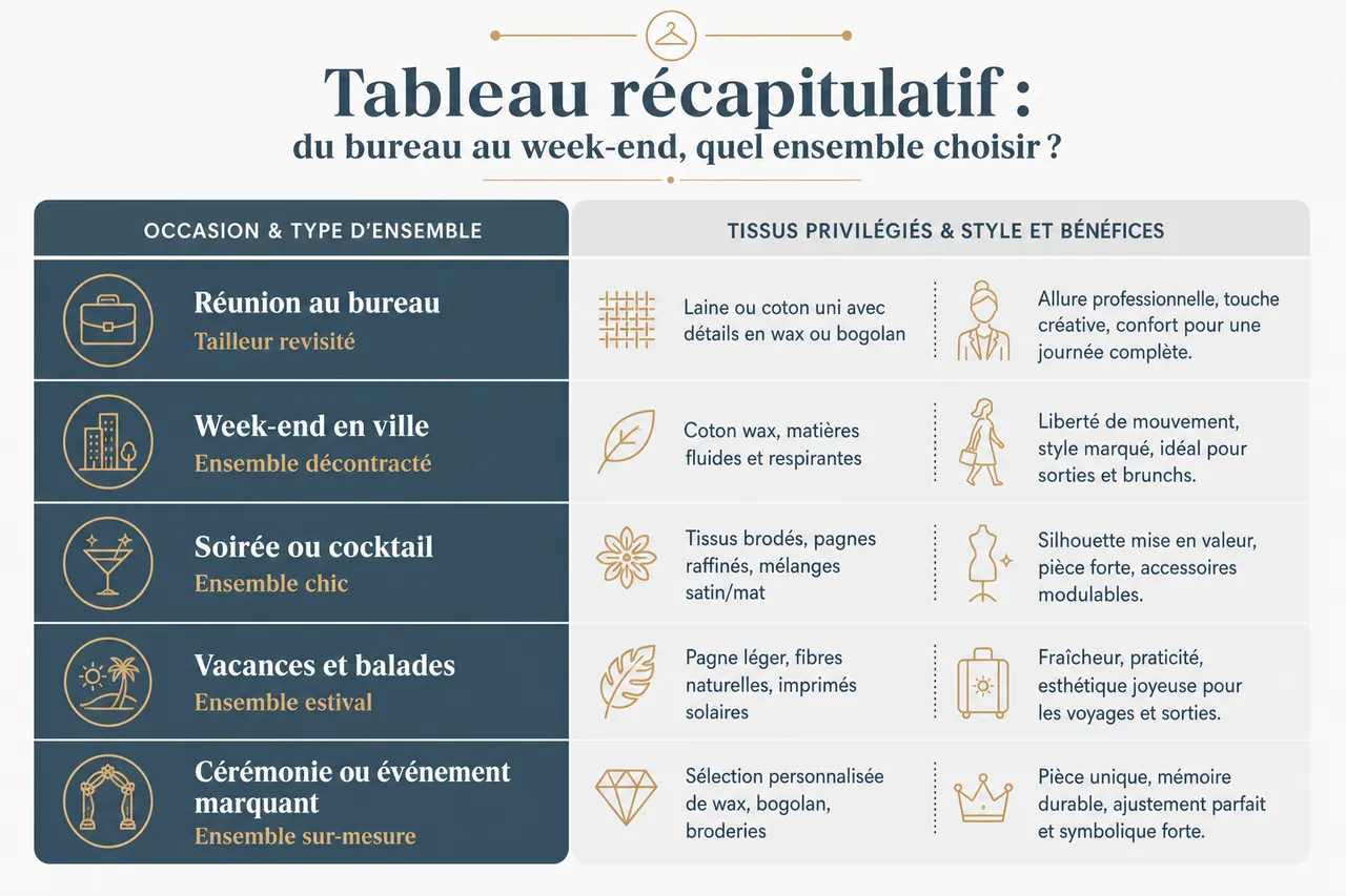 5 ensembles pour femme: du bureau au week-end avec style en 2026 , Tableau récapitulatif: du bureau au week-end, quel ensemble choisir?