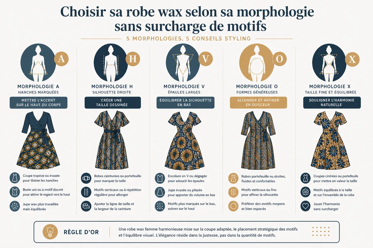 Comment choisir une robe wax qui met en valeur votre morphologie sans surcharge de motifs , Choisir sa robe wax selon sa morphologie sans surcharge de motifs