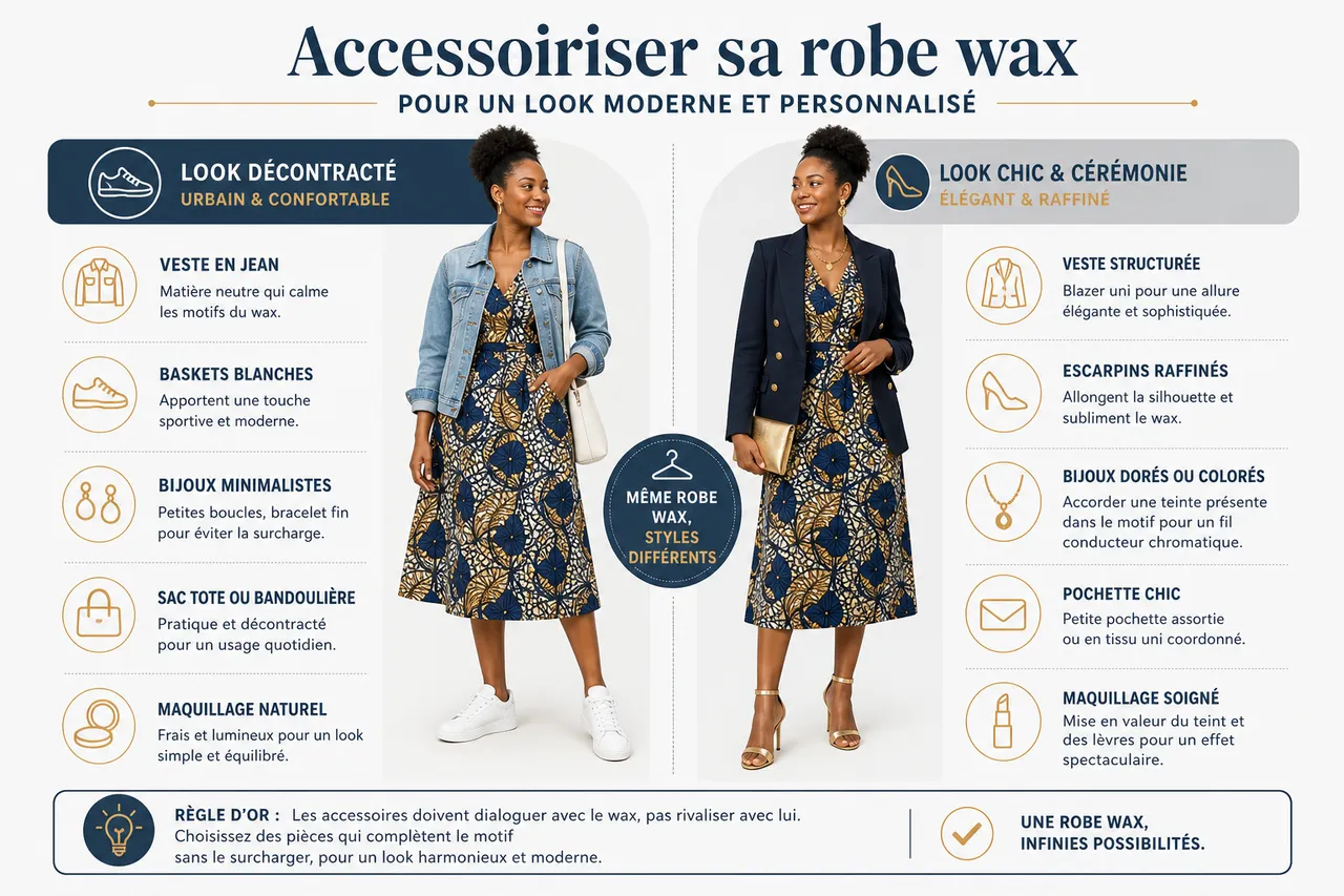 Comment choisir une robe wax qui met en valeur votre morphologie sans surcharge de motifs , Accessoiriser sa robe wax pour un look moderne et personnalisé