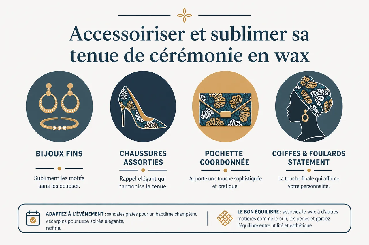 Tenue en wax pour femme: 5 idées élégantes et confortables pour toutes les cérémonies , Accessoiriser et sublimer sa tenue de cérémonie en wax