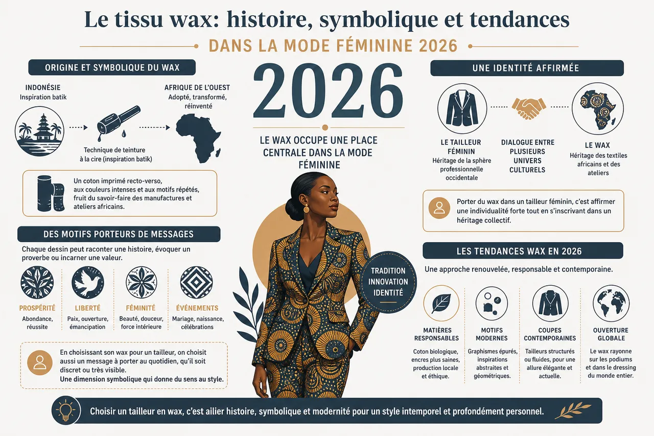 Comment choisir un tailleur en wax pour un style intemporel et moderne , Le tissu wax: histoire, symbolique et tendances dans la mode féminine 2026