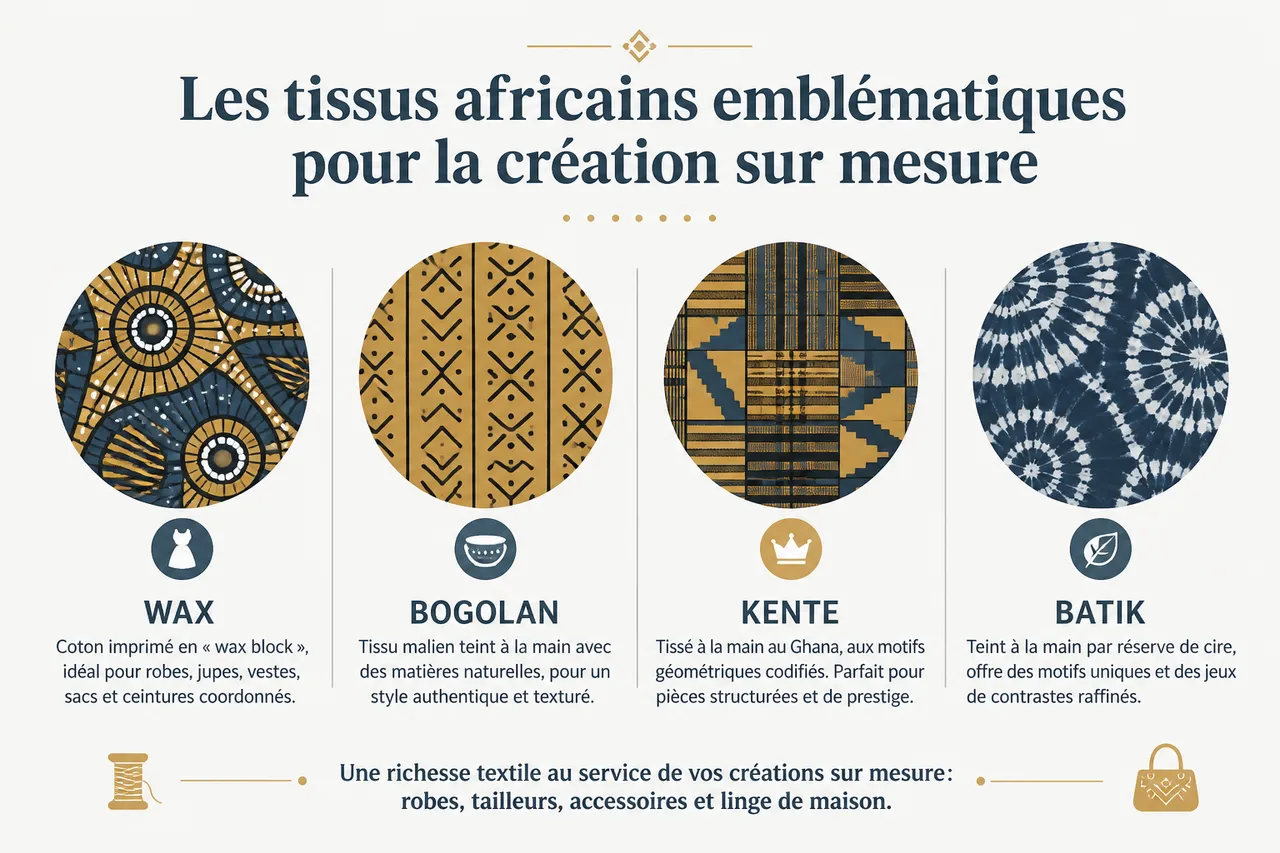 Couture sur mesure en tissus africains: préparer votre rendez-vous chez le créateur en 2026 , Les tissus africains emblématiques pour la création sur mesure