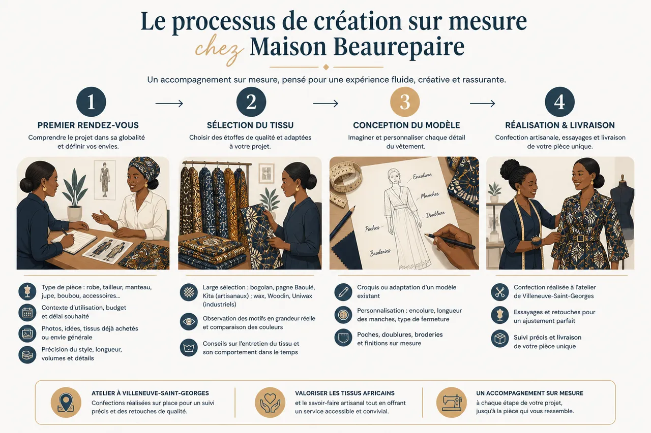 Couture sur mesure en tissus africains: préparer votre rendez-vous chez le créateur en 2026 , Le processus de création sur mesure chez Maison Beaurepaire