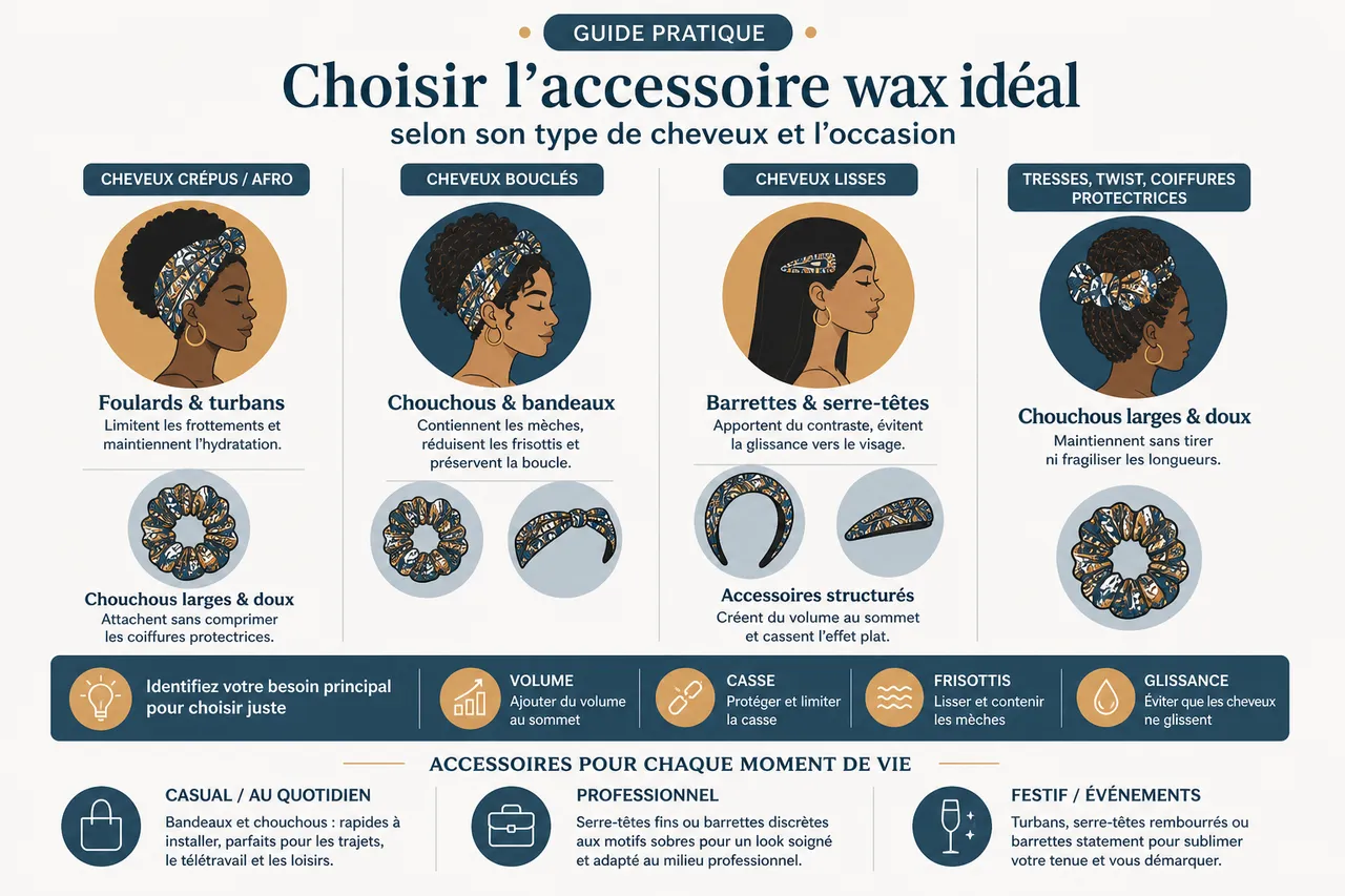 5 accessoires en wax pour cheveux: comment les porter avec style en 2026 , Guide pratique: choisir l’accessoire wax idéal selon son type de cheveux et l’occasion