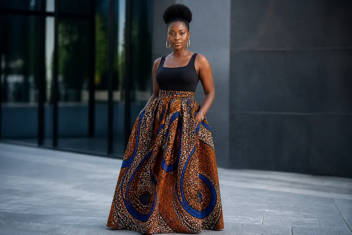 Femme portant une jupe longue élégante pour différentes occasions