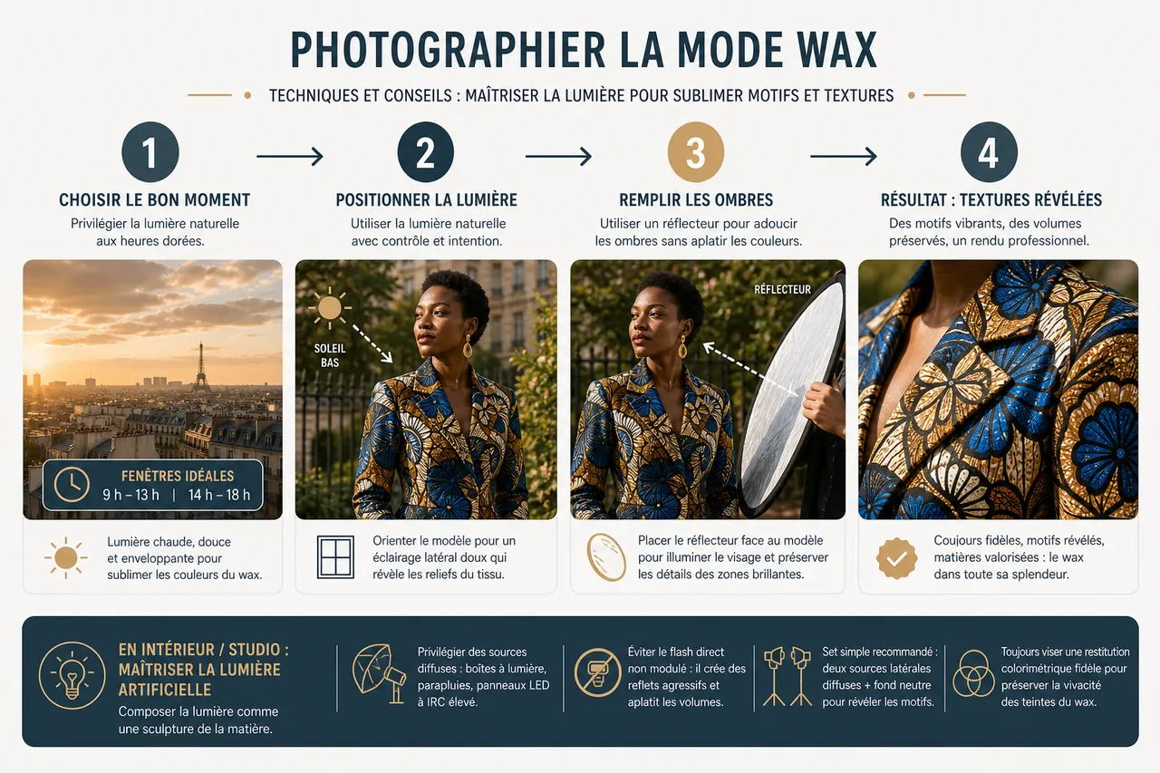 Photographier une tenue en wax: conseils pour sublimer motifs et textures en 2026 , Techniques et conseils pour photographier la mode wax