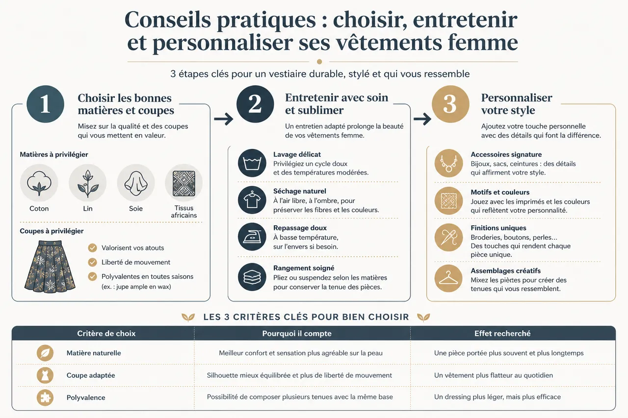 Vêtements femme: comment composer une garde-robe moderne avec quelques pièces fortes? , Conseils pratiques: choisir, entretenir et personnaliser ses vêtements femme