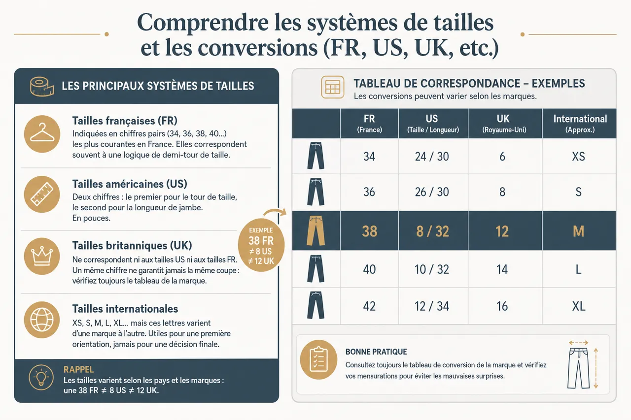 Taille de pantalon femme, comment prendre ses mesures et décrypter les tailles (sans mauvaises surprises)? , Comprendre les systèmes de tailles et les conversions (FR, US, UK, etc.)