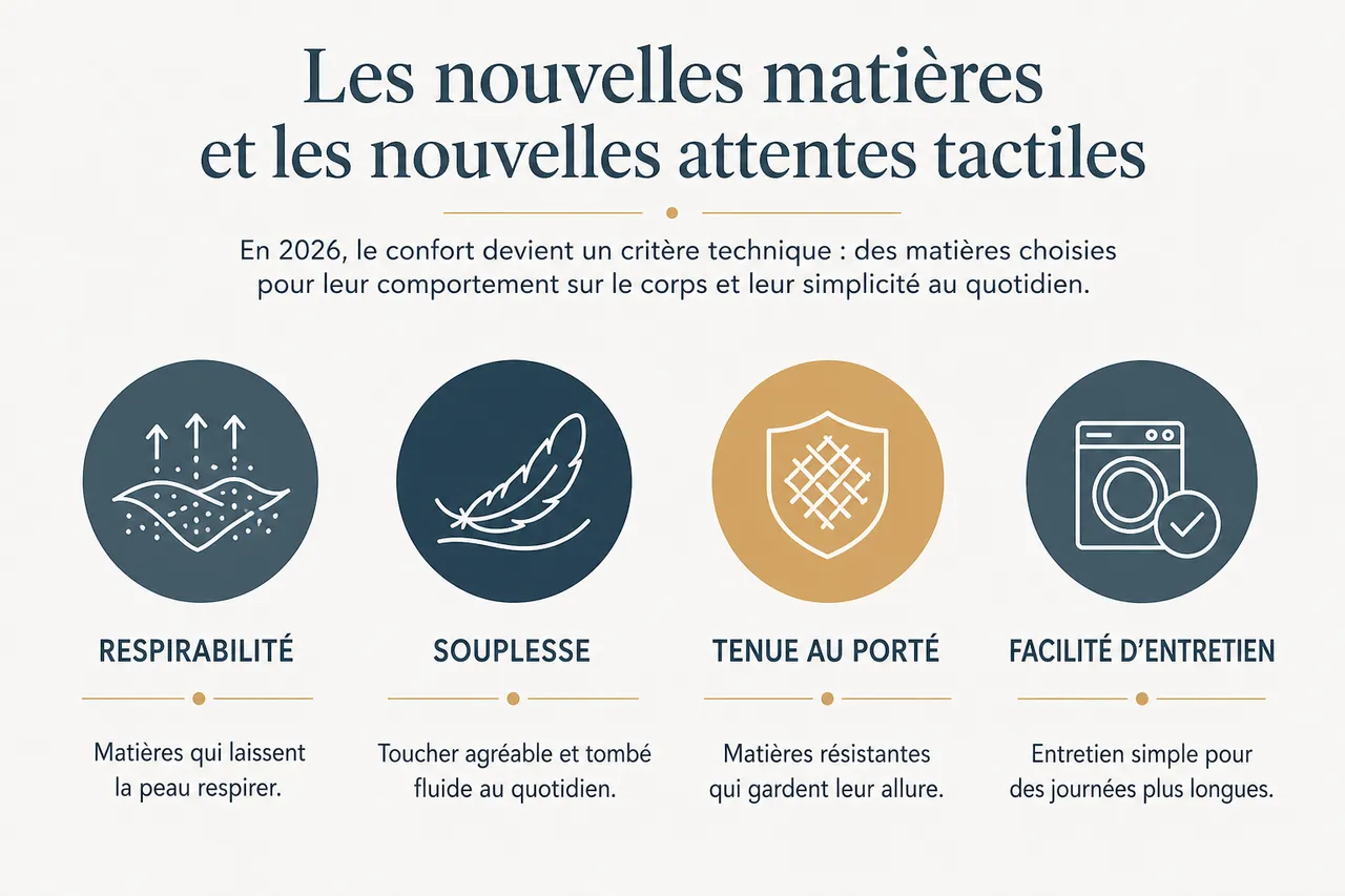 Prêt-à-porter féminin en 2026, ce qui change vraiment dans les coupes, les matières et les tailles , Les nouvelles matières et les nouvelles attentes tactiles