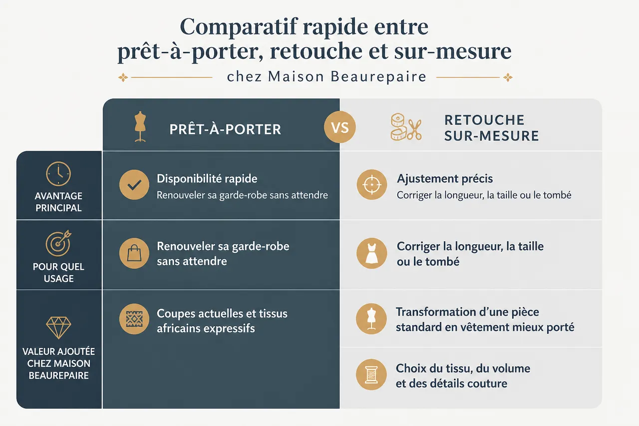 Prêt-à-porter féminin en 2026, ce qui change vraiment dans les coupes, les matières et les tailles , Comparatif rapide entre prêt-à-porter, retouche et sur-mesure chez Maison Beaurepaire
