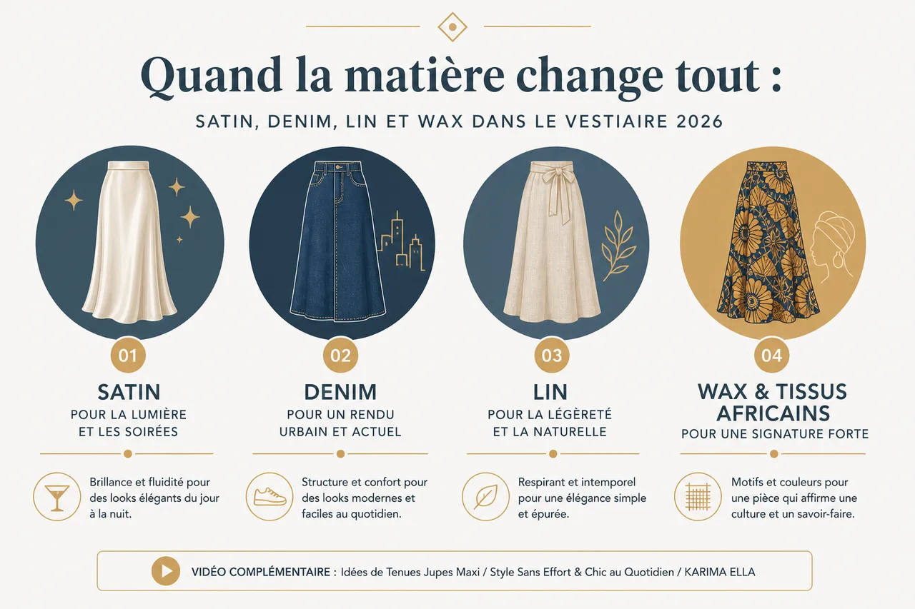 Jupes longues pour femme, 7 idées de looks élégants du quotidien aux grandes occasions , Quand la matière change tout: satin, denim, lin et wax dans le vestiaire 2026