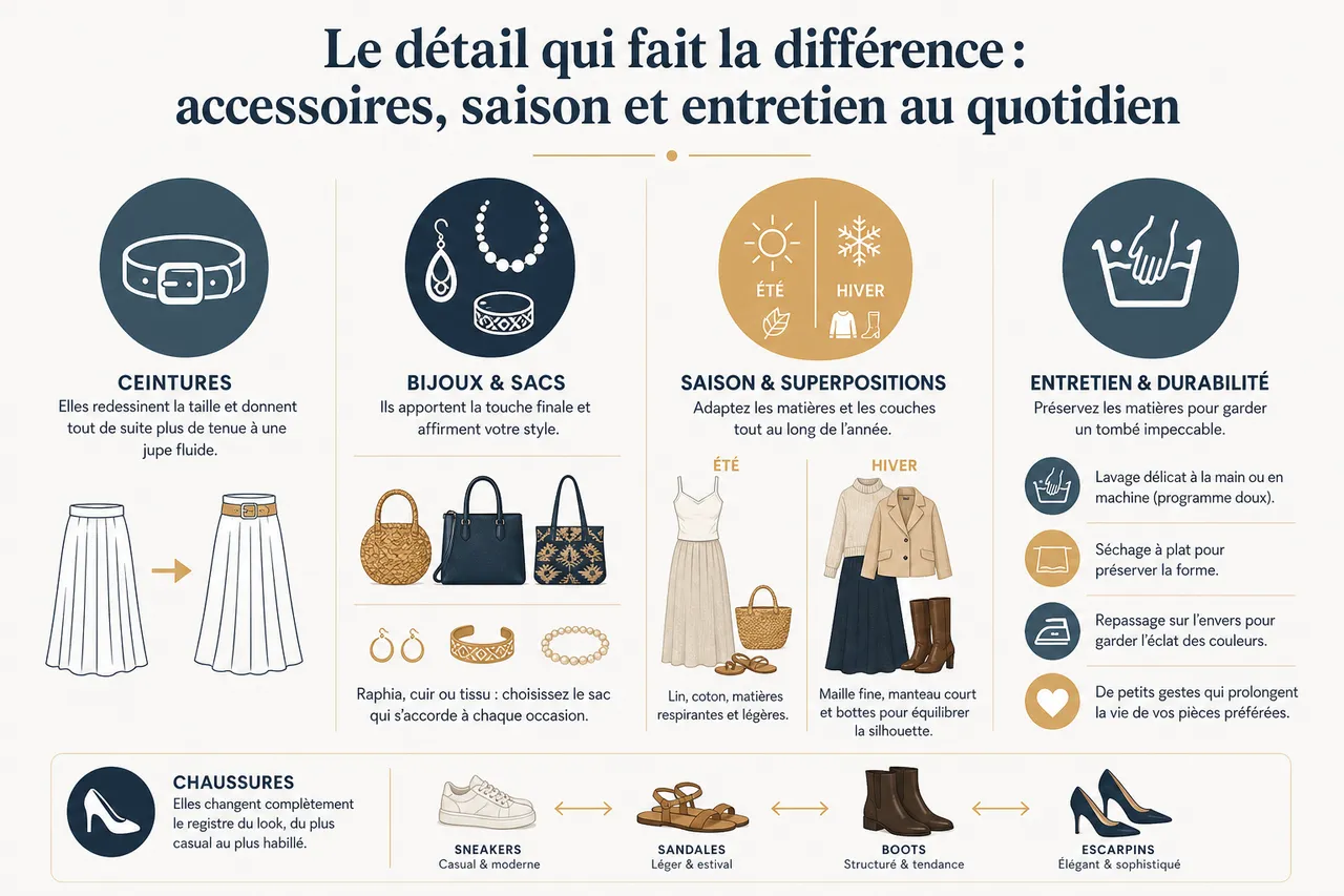 Jupes longues pour femme, 7 idées de looks élégants du quotidien aux grandes occasions , Le détail qui fait la différence: accessoires, saison et entretien au quotidien