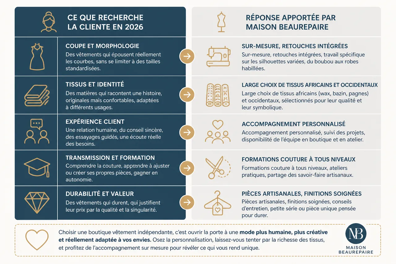 Boutique vêtement femme, comment repérer les adresses qui proposent des coupes adaptées à toutes les morphologies? , Tableau récapitulatif: les atouts majeurs d’une boutique comme Maison Beaurepaire