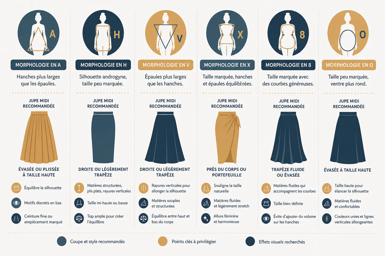 Jupe midi femme, comment choisir la bonne longueur et l’associer à vos tops préférés? , Comment bien choisir sa jupe midi selon sa morphologie?