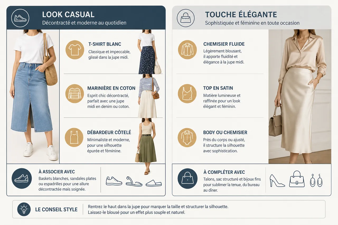 Jupe midi femme, comment choisir la bonne longueur et l’associer à vos tops préférés? , Associer la jupe midi à vos tops préférés: inspirations et conseils de style