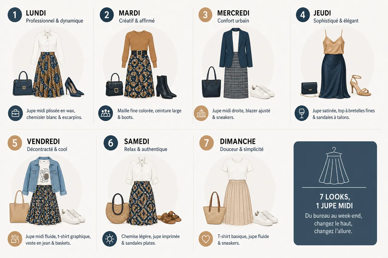 Jupes midi pour femme, 7 looks stylés du bureau au week-end (sans changer de jupe) , Comment porter la jupe midi: conseils de style et inspirations de looks