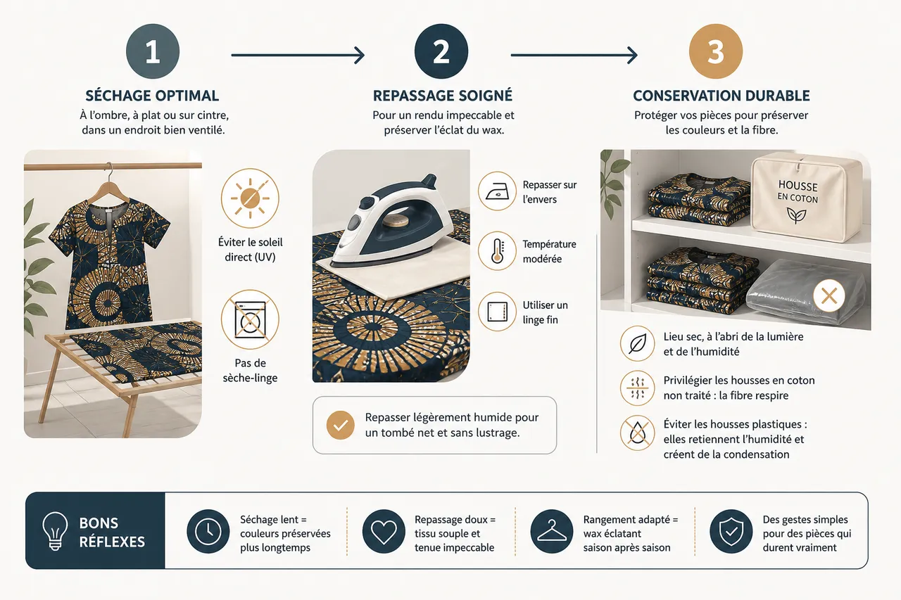 Entretien des vêtements en wax, les gestes essentiels pour préserver les couleurs et la tenue du tissu africanisé sur le long terme (sans se compliquer la vie) , Séchage, repassage et conservation des couleurs du wax